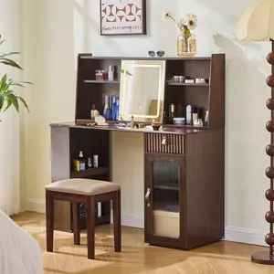 Elegant Walnut Finish Vanity Desk, Modern Makeup Dressing Table Set with 3-Mode Adjustable Lighted Mirror, Large Storage Shelves, Drawer and Cabinet