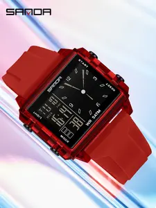 Sanda square casual and fashionable couple watch, dual display night light waterproof multifunctional electronic watch for teenagers and men, Waterproof Wrist Watch, practical gift, Luminous Waterproof Watch, Water Resistant Watch