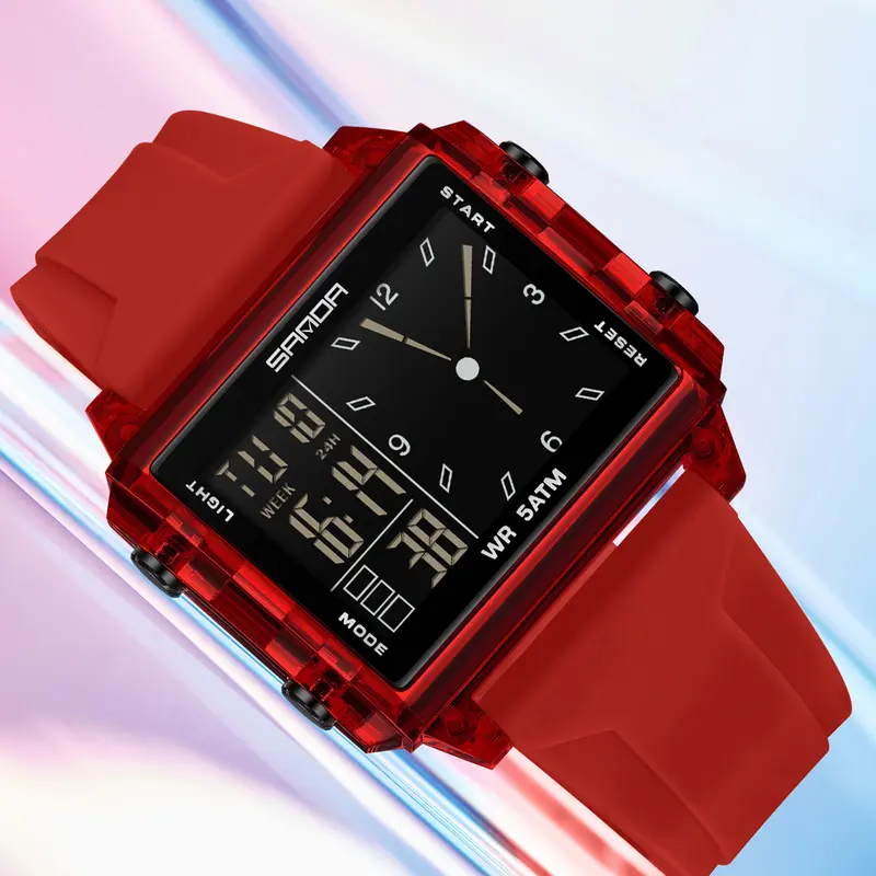 Sanda square casual couple watch, Casual Trendy Wristwatch, dual display night light waterproof multifunctional electronic watch for teenagers and men, practical gift