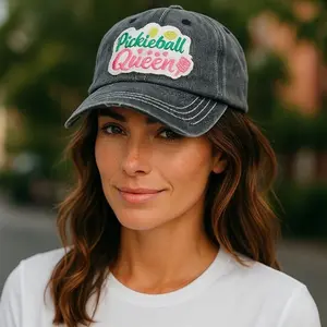 "Pickleball Queen" Vintage Distressed Embroidered Baseball Cap 100% Cotton, Breathable, Casual, Adjustable, UV Protection