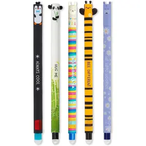 - Set of 5 Erasable Gel Pens with Thermosensitive Erase Ink, Range of ink colours & barrel designs, 0.7mm Tip, , Panda, Llama, , & Hippo