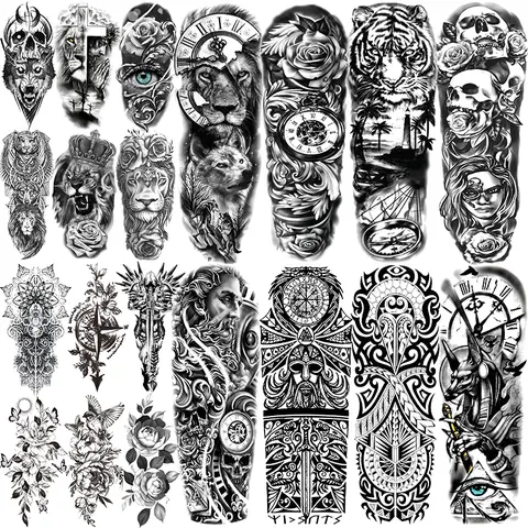 20 Large Temporary Tattoos Kit Featuring Greek Mythology, 8 Full Arm Maori, Warrior, Compass Aesthetic Tattoo Designs Merch, Perfect for Adults Men Women Arms Legs, Tattoo Stickers, Fake Tattoos