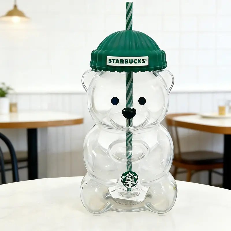 2025 Holiday Collection Bearista Stylish Washable Tumbler, Cute Teddy Bear Glass Drinkware with Green Beanie-Style Lid, Striped Straw – Ideal for Home Bars, Holiday Gifting