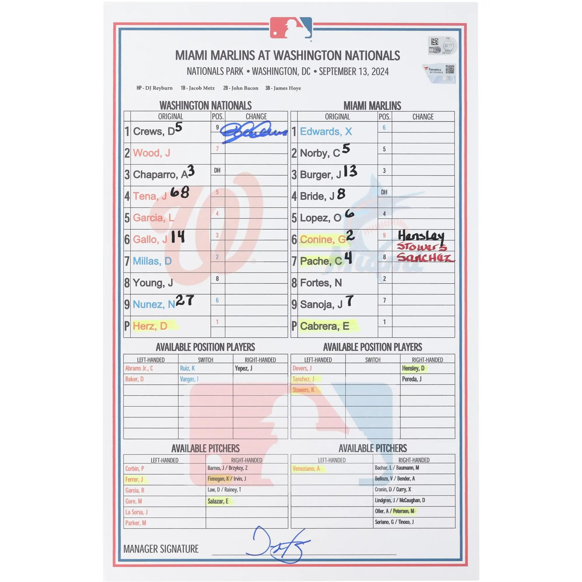 Dylan Crews Washington Nationals Autographed Game-Used Lineup Card vs. Miami Marlins on September 13, 2024 - Fanatics Authentic Certified
