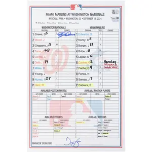 Dylan Crews Washington Nationals Autographed Game-Used Lineup Card vs. Miami Marlins on September 13, 2024 - Fanatics Authentic Certified
