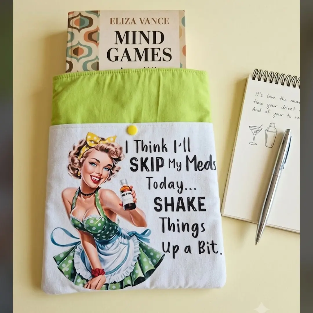 Handcrafted Two-Pocket Kindle Pouch - Fun Retro "Skip My Meds" Pin-Up Style