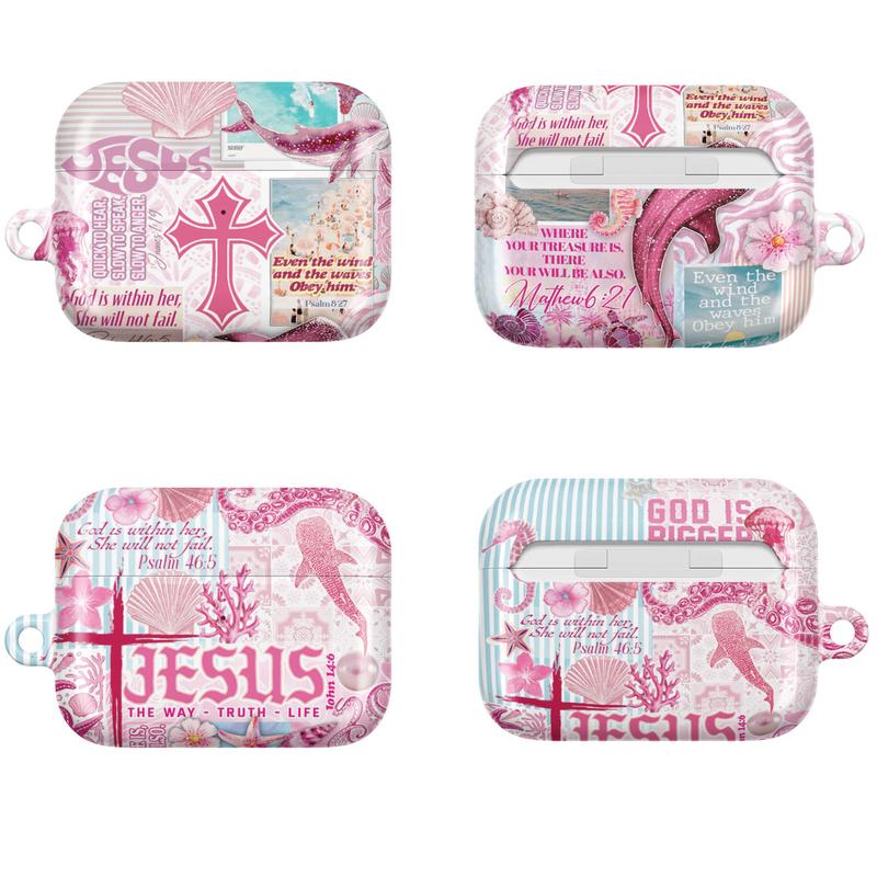 Jesus Shark AirPods Case – Pink Christian Ocean Bible Verse Cover | Faith Cross Design for AirPods Pro/Pro 2, AirPods 1/2/3/4 Cases | Inspirational Gift for Believers