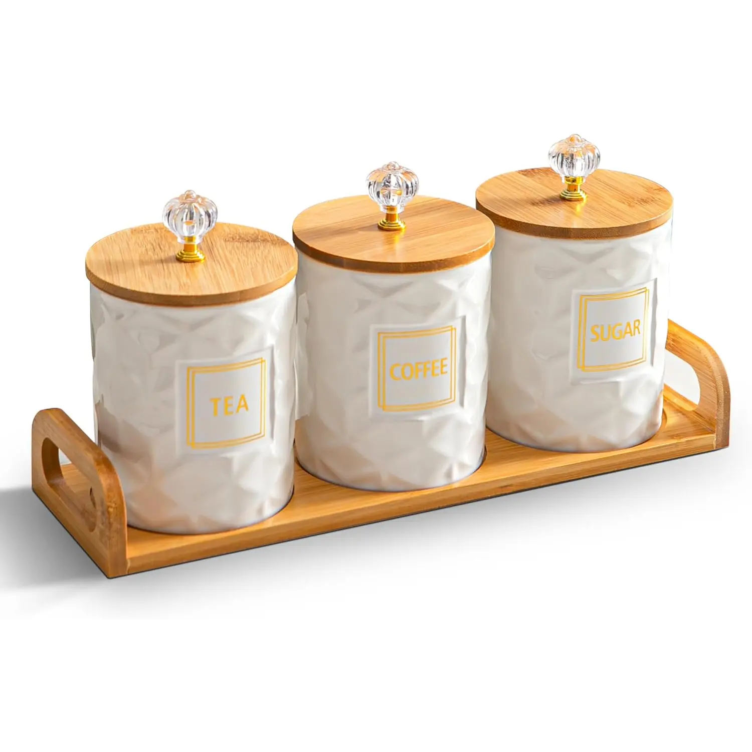 Set of 3 Ceramic Canisters for Sugar Coffee Tea with Tray, White Airtight Food Storage Jars with Wood Lids, Kitchen Counter Storage Containers - 23Oz Sowlvenco