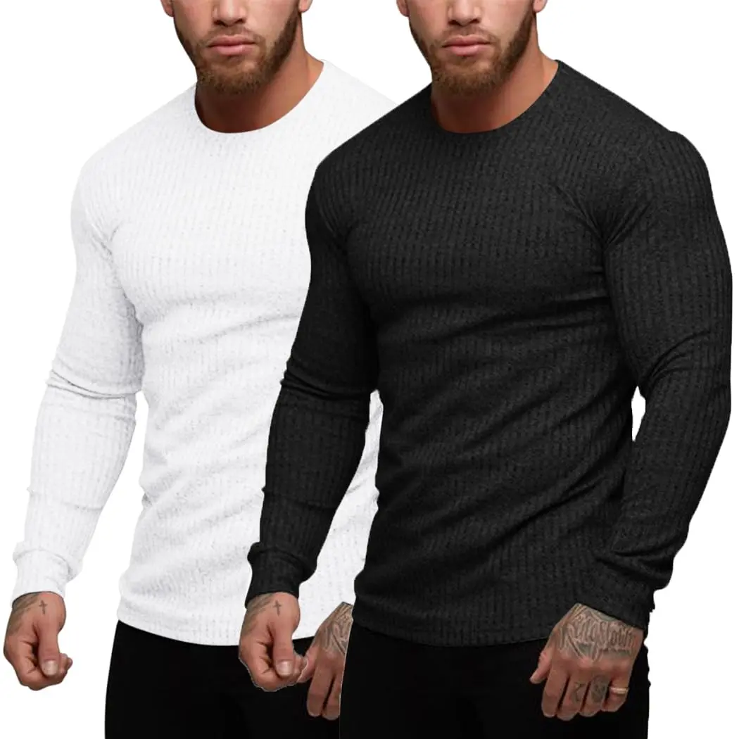 COOFANDY Men's 2-Pack Stretch Long Sleeve Muscle T-Shirts, Athletic Style Activewear, Sporty Crew Neck Stretch Athletic Tee, Mensfashion Gym Training Casual Tops