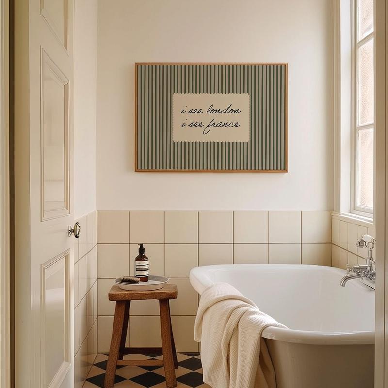 Horizontal Wall Art , Vintage "I See London I See France" Print: Green Striped Bathroom Decor| Framless Poster J