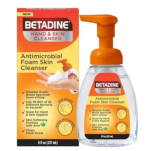 Betadine Antiseptic Cleansing Foam Pump, 8oz, Antibacterial Body Wash | Antimicrobial Hand and Skin Cleanser, Gentle Antiseptic Wash for Daily Protection