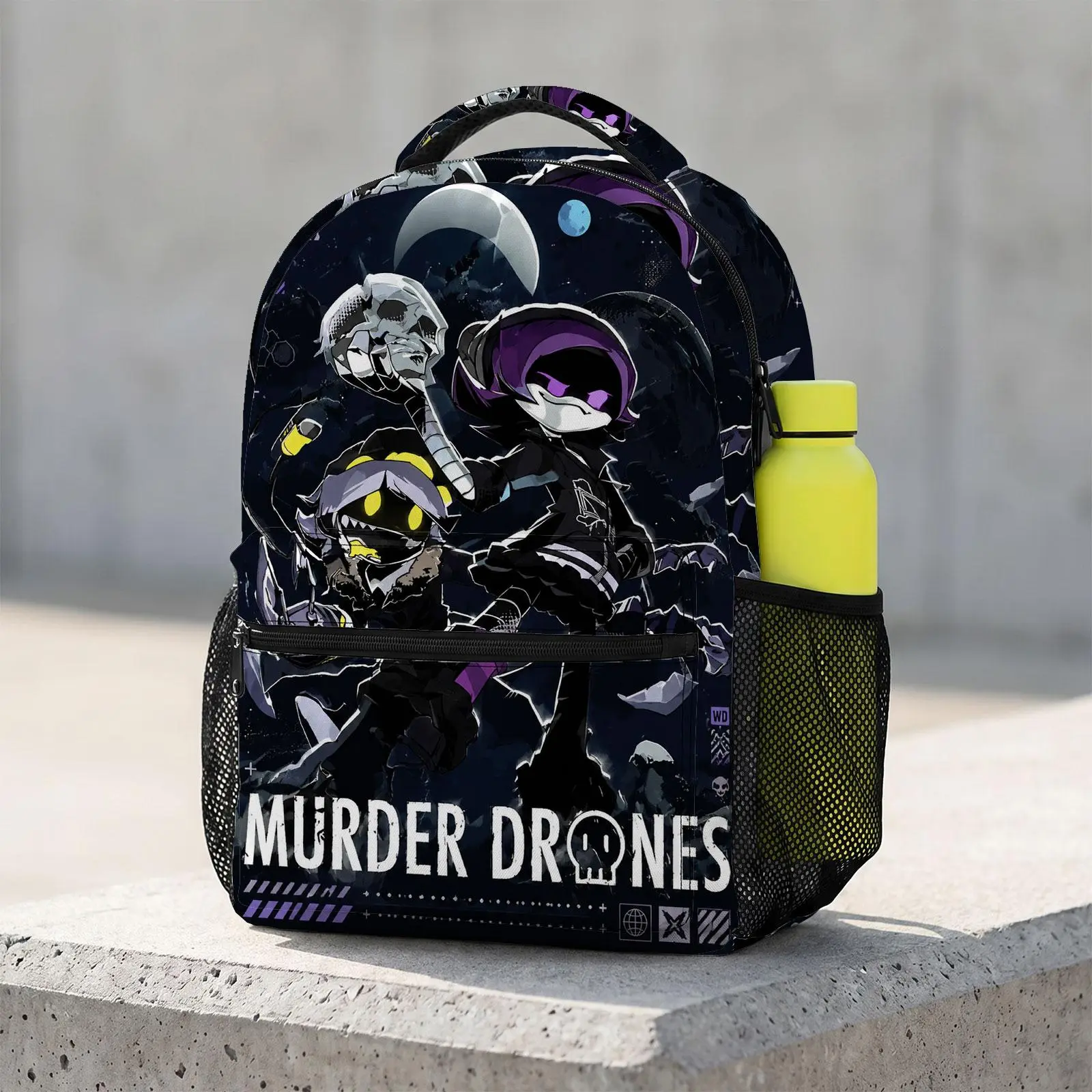 Murder-Drones Cute Cartoon Backpack 17-Inch | Kawaii Printed School Bookbag | Large Travel Daypack with Water Bottle Holder for Teens Kids