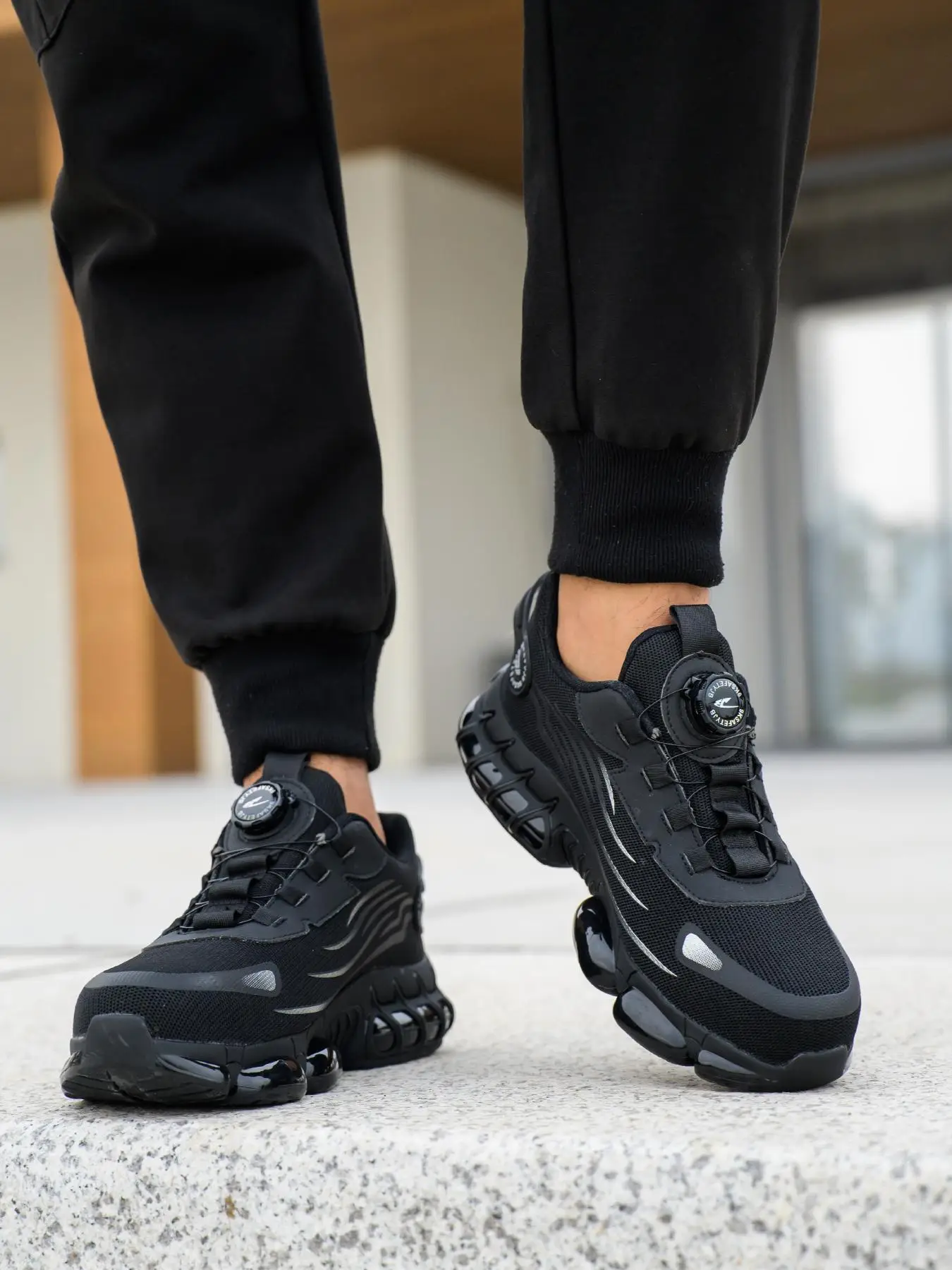 Men's Casual Lace Up Steel Toe Rotating Automatic Buckle Design Work Shoes, Lightweight Comfortable Safety Shoes, Wear-resistant Anti-impact Anti-punc