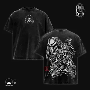 Predator Shirt Yautja Alien Hunter Bio Mask Plasmacaster Hanko Stamp Japanese Sumi Ink Sketch Line Art Vintage Washed Oversized T-Shirt Hoodie Sci-Fi Action Movie Graphic Tee Faded Dark Red Monochrome Streetwear Merch Gift For Movie Fan Clothes