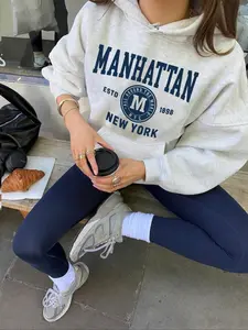 Women's Manhattan Letter Print Hoodie, Casual Loose-Fit Drawstring Pocket Sweatshirt, Fall & Winter Fashion Outdoor Wear