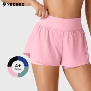 Yeoreo 4" Inseam Super High Waisted 2-in-1 Running Shorts with 2 Zipper Pockets Anti-Chafing Yoga Shorts for Women, Tummy Control Workout Gym Outfit