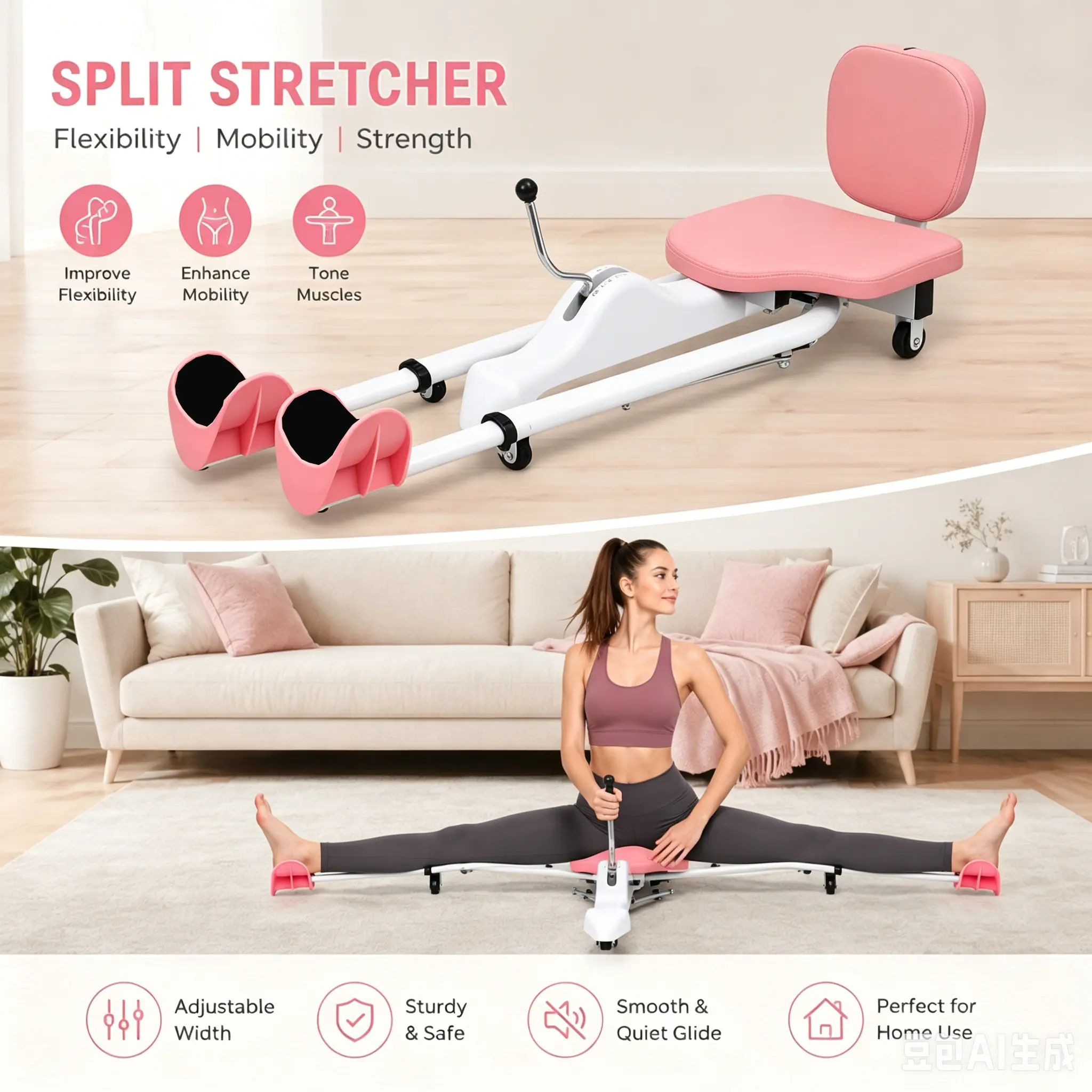 Adjustable Leg Stretcher Split Training Machine with Padded Backrest, Home Leg Flexibility Training Equipment for Yoga & Dance, Heavy Duty Leg Stretcher with Smooth Adjustment & Wheels for Easy Storage