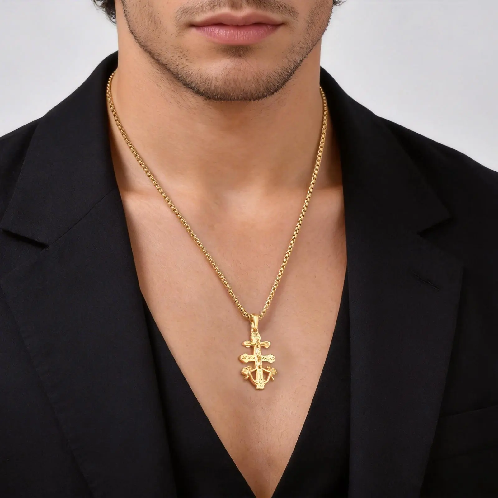Vnox Caravaca Cross Pendant Necklace, Jesus Crucifix Charms Catholic Jewelry, Gold Color Double Cross with Angels for Men Women