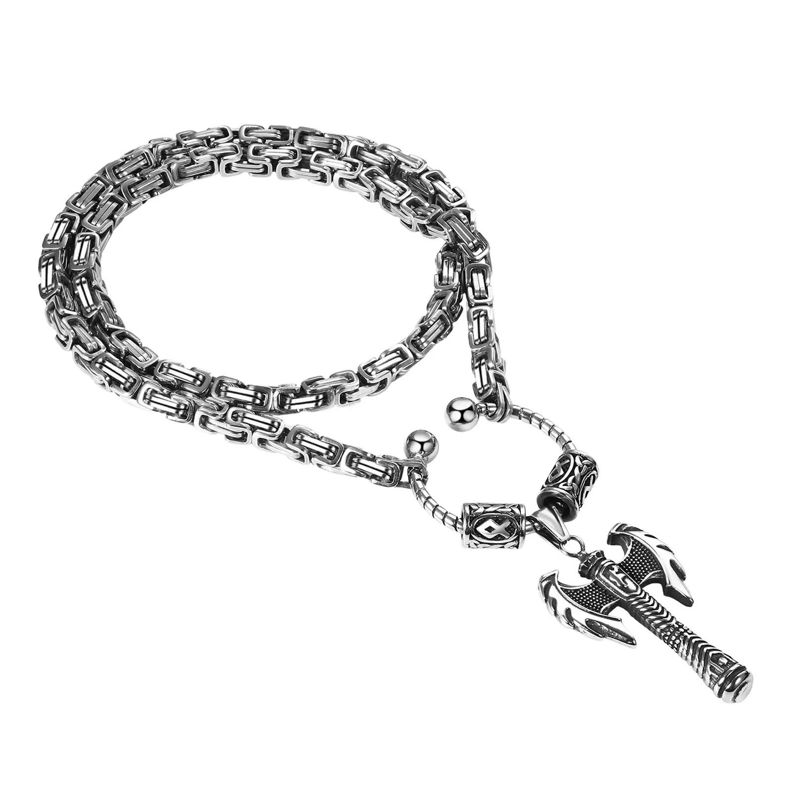 OIDEA Punk Viking Symbol Stainless Steel Pendant Necklace with Byzantine Chain, Unique Strength-and-Courage Design, Modern Fashion Accessories for Men, 24in