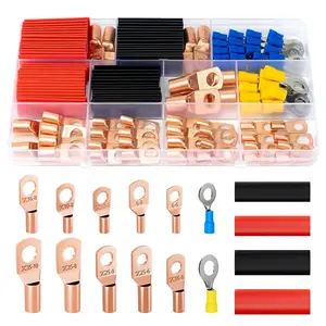 130pcs Copper Wire Lugs, Battery Lugs Awg 2 4 6 8 10 12 14 16 Copper Lugs Assortment Ring Terminals Connectors Wire Connectors Terminals, 70pcs Battery Cable Ends with 60pcs Heat Shrink