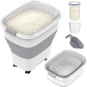 25-50Lbs Rice Container,Collapsible Food Storage Containers with Airtight Clear Lid,Wheels,Rice Storage Container with Small Bin and Scoop,Rice Dispenser for Flour Sugar Cereal Grain Dog Cat