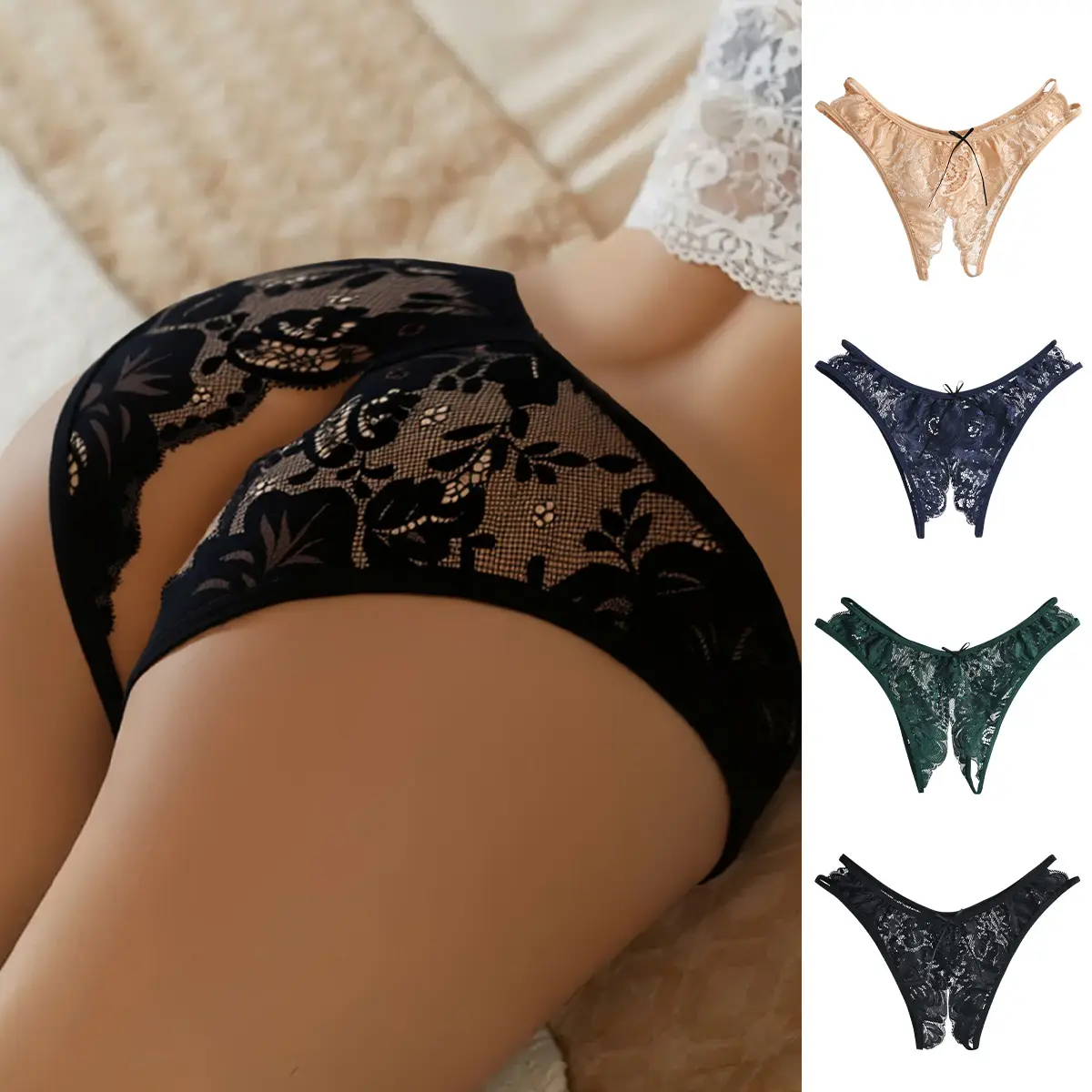 Hotcom Women's 4-Pack Sexy Crotchless Floral Panties - Style Women's Underwear, Curve-Enhancing Lingerie with Popular Statement Print, Suitable for Home & Spring Everyday Wear for Couples