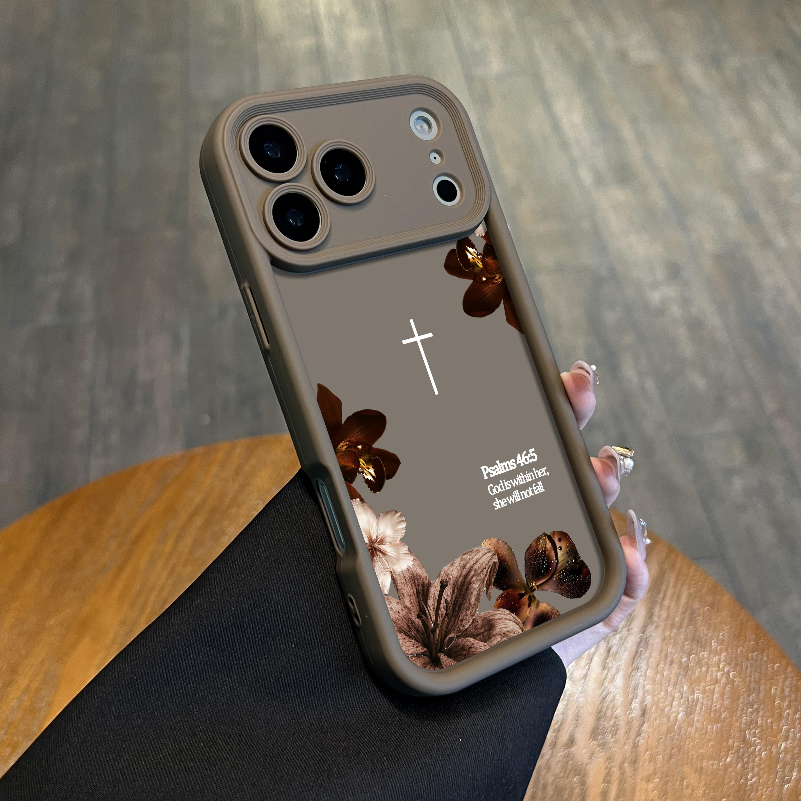 Christian Faith Psalms 46:5 Bible Verse Shockproof Soft Shell Smartphone Protector Case with Lanyard, Vintage Floral Cross Design, Taupe Brown, for iPhone 17 Pro Max, Air, 16, 16 Plus, 15 Plus, 14, 13, 12, 11, XR, XS - Casing NN114-2