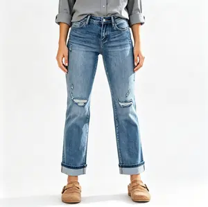 Women's Stretch Front Ripped Cuffed Jeans, Womenswear Bottom