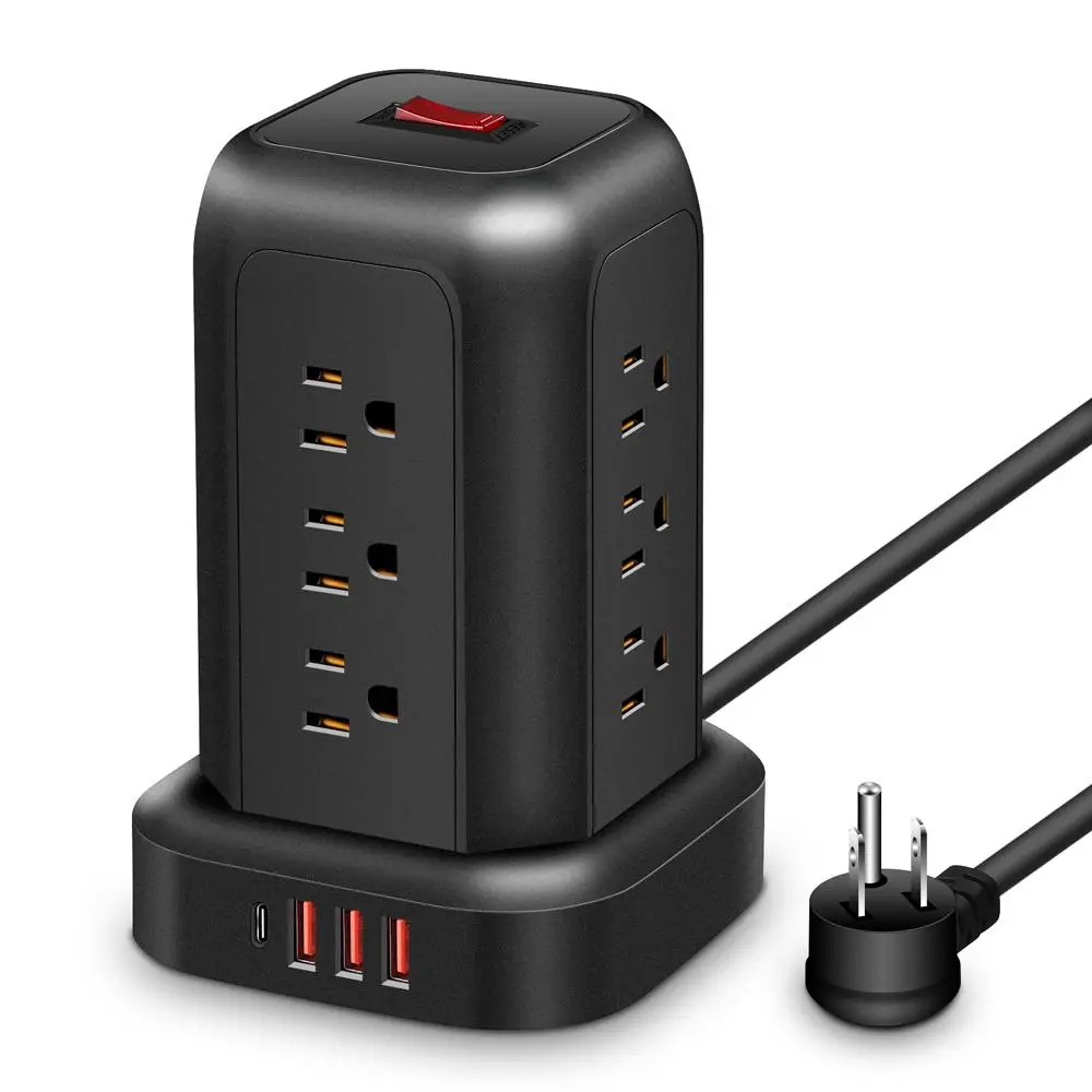 Tower Design Power Outlet with USB Ports, Desk Power Strip Tower with Extension Cord, Multifunctional 16 In 1 Surge Protector with Flat Plug for Home