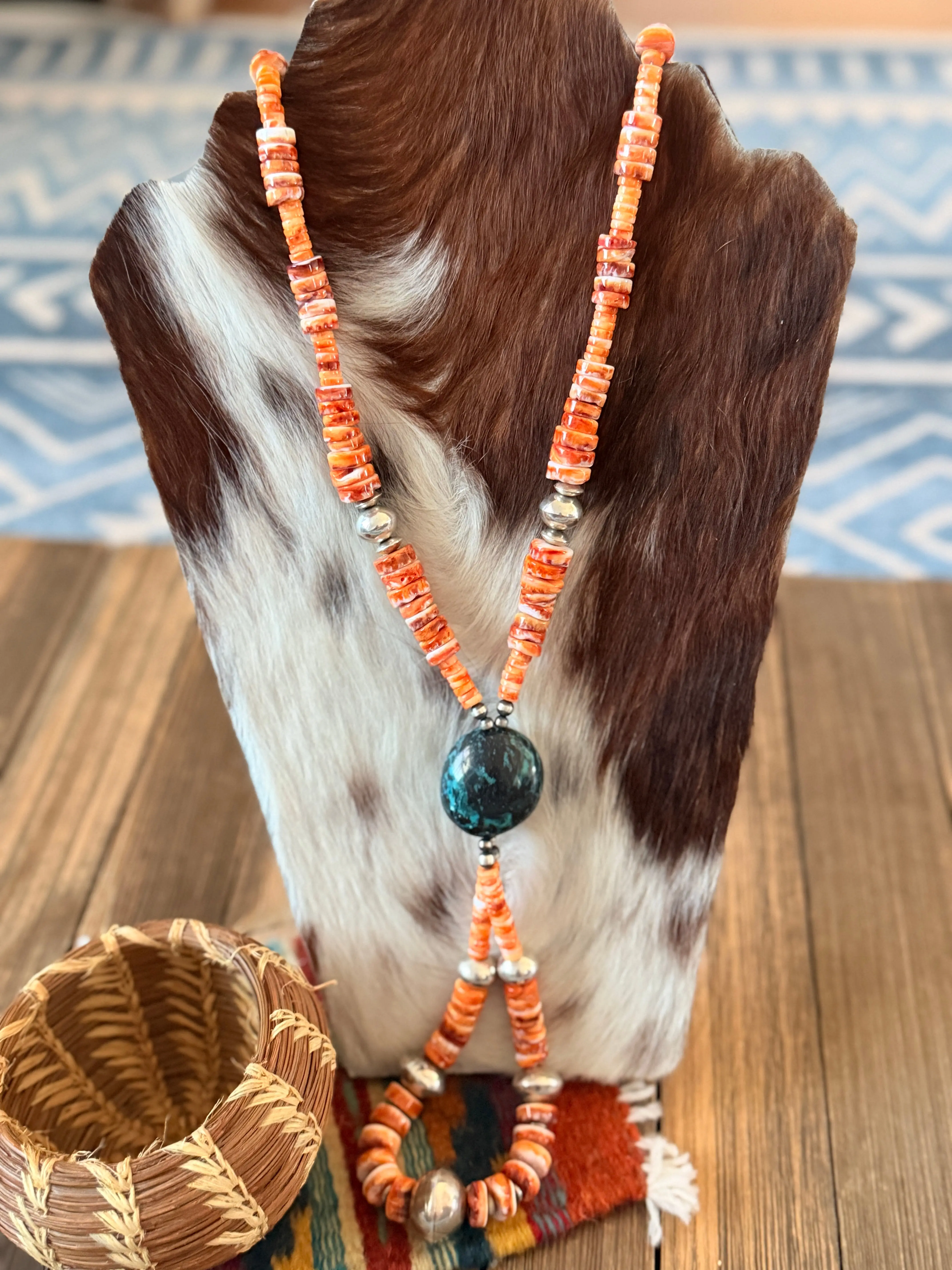 Handcrafted Orange Spiny Oyster, Turquoise & Sterling Silver Beaded Jacla Necklace