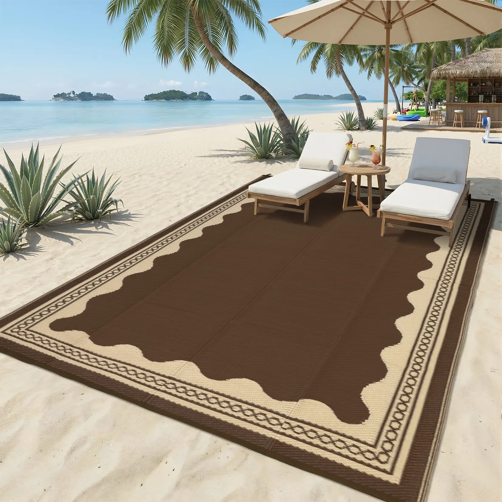 Waterproof Reversible Outdoor Rug Plastic Straw Patio Carpet with Scalloped Pattern, Quick Dry Foldable RV Camping Mat for Picnic Balcony Porch Deck Backyard Beach, Indoor Outdoor Area Rug in Multiple Sizes Colors