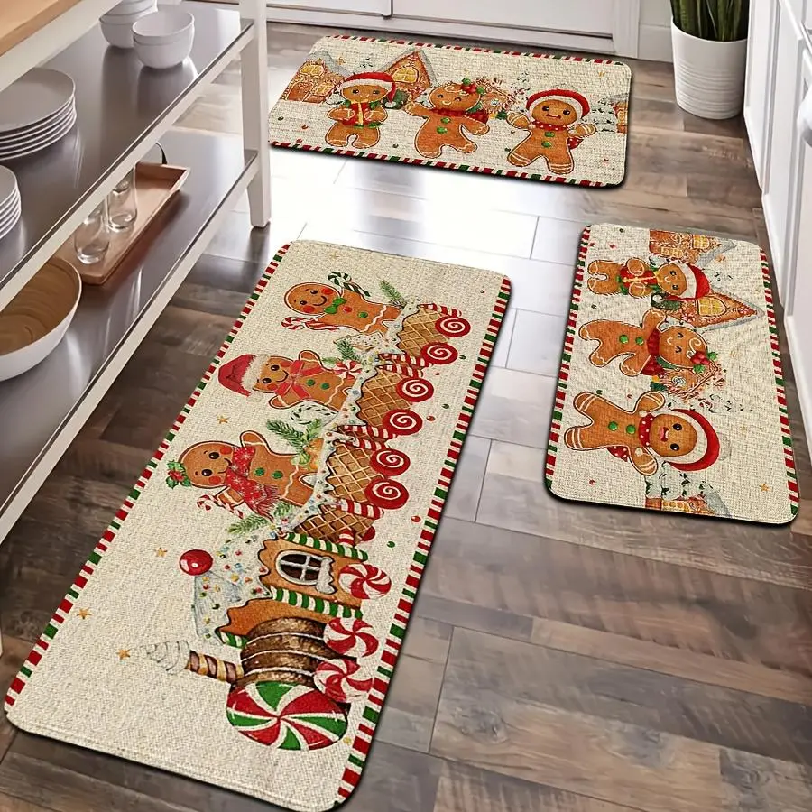 2/3pcs Gingerbread Man And Candy House Kitchen Rug Set, Festive Non-Slip Holiday Floor Mats for Christmas Home Decor (15.75inch*23.62inch/19.69inch*31.5inch/17.72inch*47.24inch)