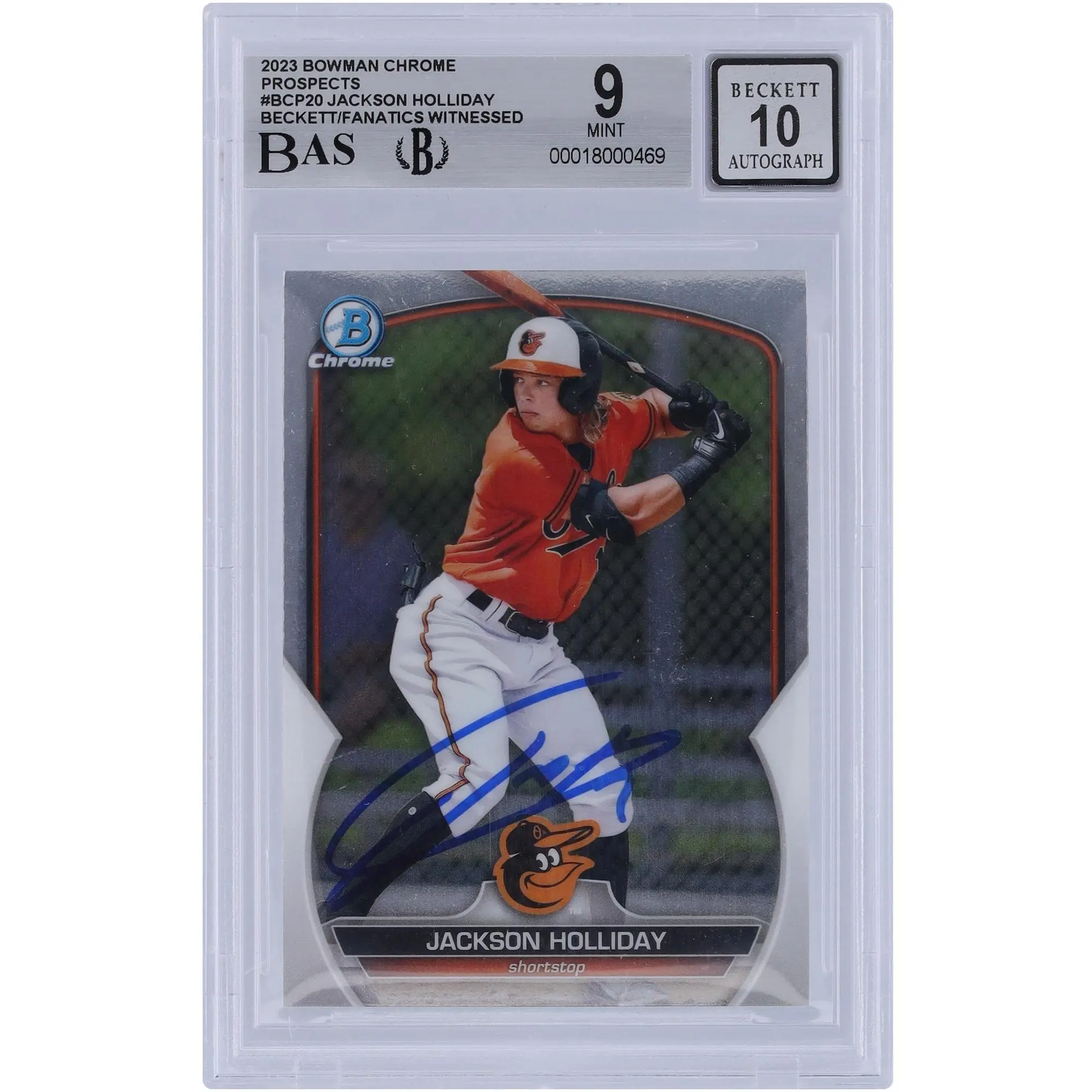 Jackson Holliday Baltimore Orioles Autographed 2023 Bowman Chrome Prospects #BCP-20 Beckett Fanatics Witnessed Authenticated 9/10 Card - Fanatics Authentic Certified