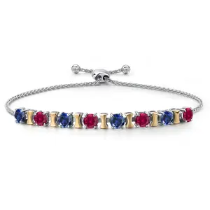 925 Silver and 10K Yellow Gold Blue Created Sapphire and Red Created Ruby Bracelet For Women | 2.00 Cttw | Gemstone September Birthstone | Round 4MM | Adjustable up to 9 Inch