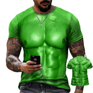 Men's 3D Digital Print Muscular Man Short-Sleeve Pullover T-Shirt, Menswear with Polyester Fabric