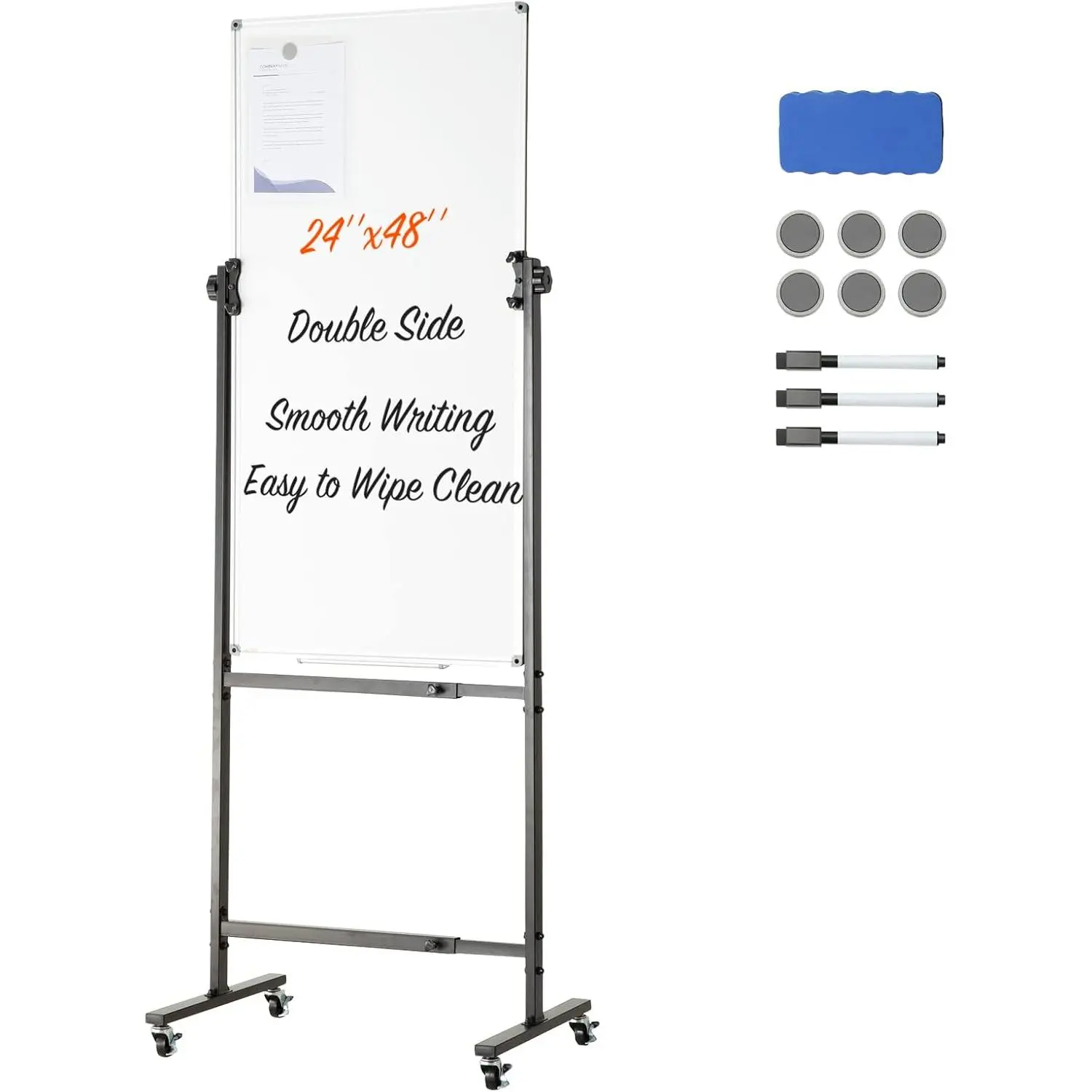 VEVOR Rolling Magnetic Whiteboard, Double-Sided Mobile Whiteboard 24x48 Inches, 360 °   Reversible Adjustable Height Dry Erase Board with Wheels & Movable Tray for Office School