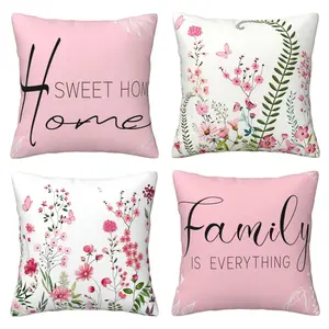 Spring pink floral pillow cover, white base, flower and green leaf butterfly pattern, natural plant decoration pillow, suitable for home beds, sofas, etc., 4-piece set with double-sided printing, Home Textile