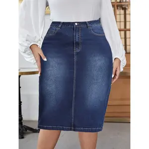 【Plus Size】 Denim Skirt, Casual Comfy Stretchy Jean Skirt for Daily Wear, Women's Bottoms for All SeasonsRAIMENTRY