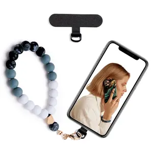 Silicone Beaded Phone Wrist Strap,phone bracelet strap with Tether Tab,Elastic Hands-Free wristlet strap (Black)
