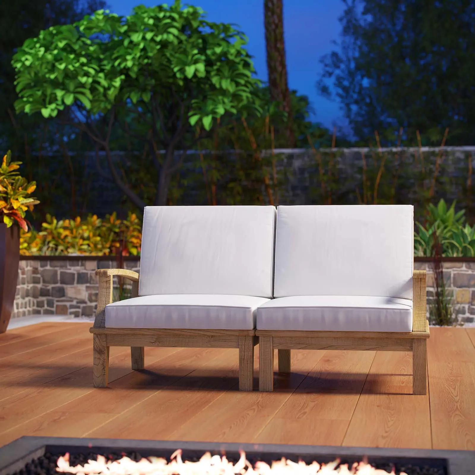 Marina 2-Piece Modern Teak Wood All-Weather Outdoor Patio Furniture Set, Natural White Left-Right Arm Sectional Sofa with Stylish Design for Lounge, Garden Party