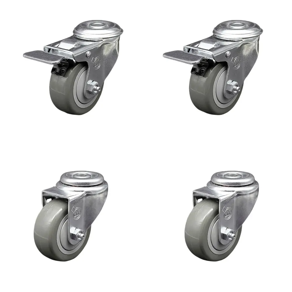 Service Caster SCC-SSBHTTL20S3514-PPUB-2-S-2 Heavy Duty Stainless Steel Non-Marking Polyurethane Swivel Bolt Hole Caster Set of 4, 3.5x1.25 in. Gray Lockable Wheels for Furniture Lift Mover