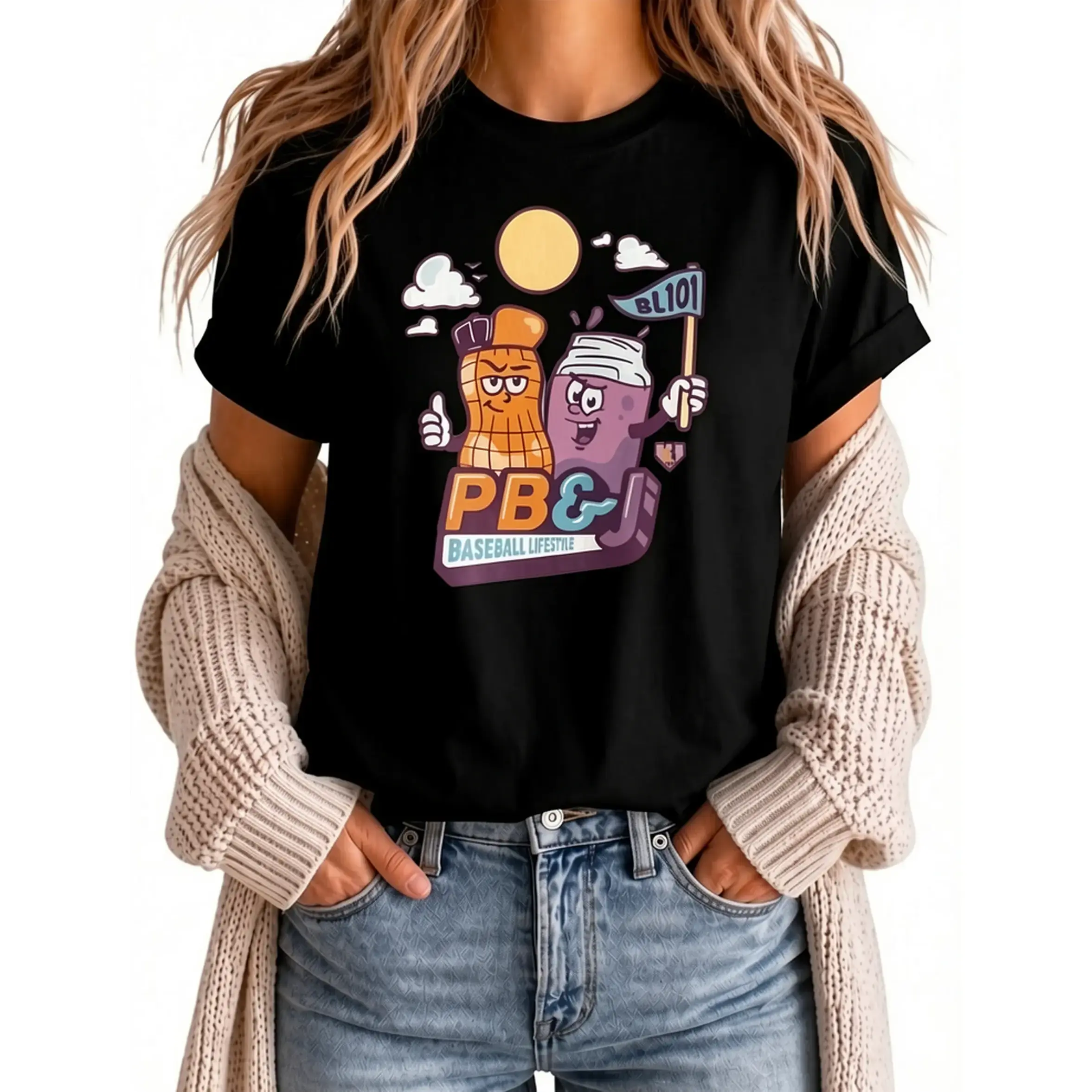 Funny PB&J Baseball Lifestyle Graphic Tee - Punny Perfect Pair Humorous Baseball Apparel for Men and Women - Trendy Unisex Retro Cartoon Shirt
