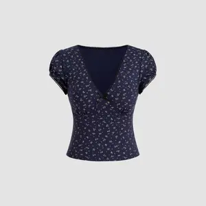 Cider Jersey V-neck Ditsy Floral Bowknot Top