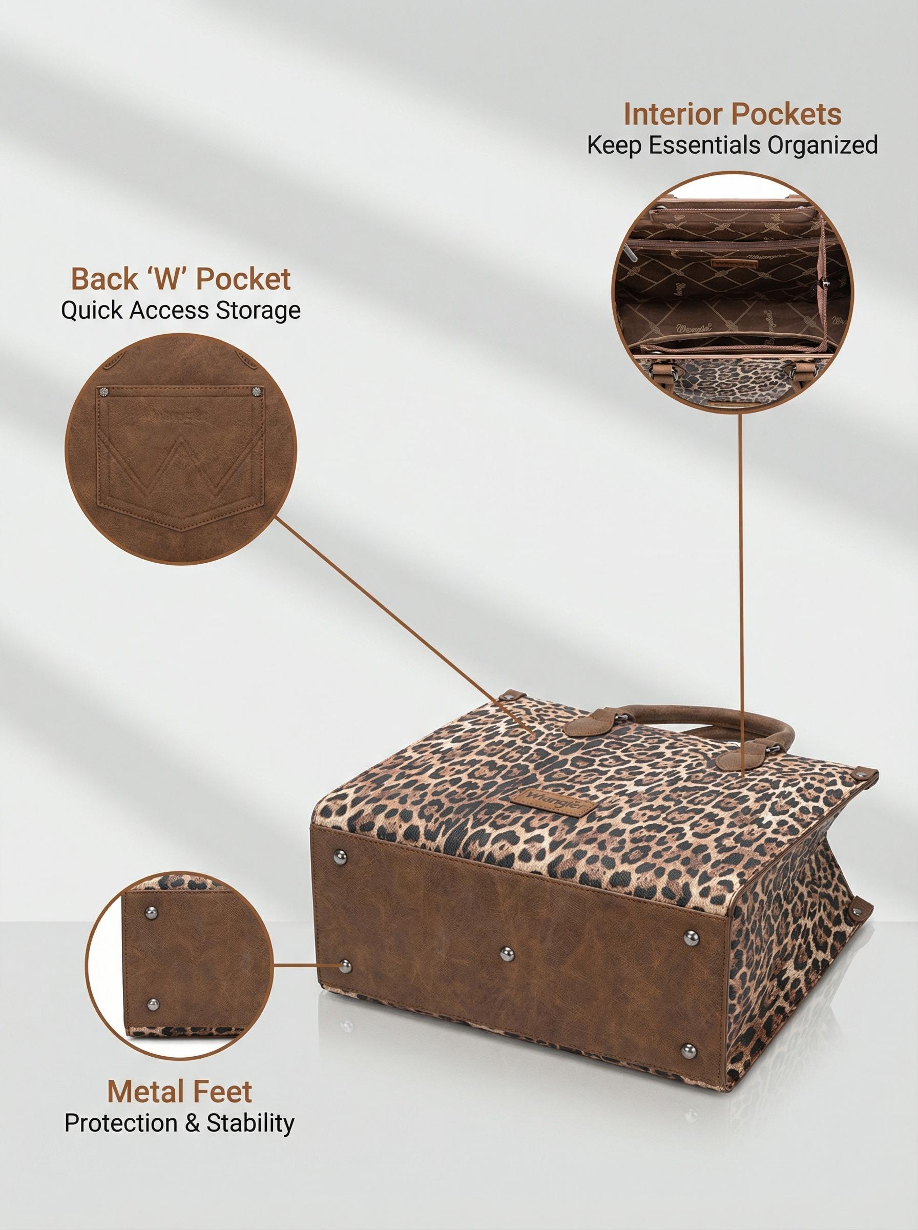 Wrangler Leopard Print Tote Bag for Women Western Large Work Satchel Handbag with Zippered Pocket & Detachable Strap