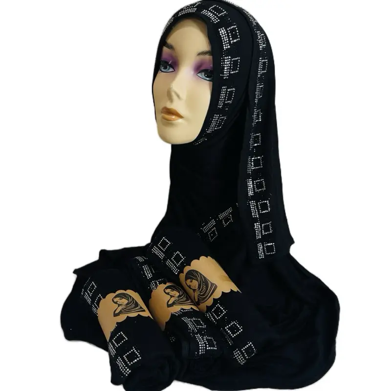 Muslim black rhinestone hijab scarf modest islamic wear jersey comfortable everyday style fashion elegant office school party wedding