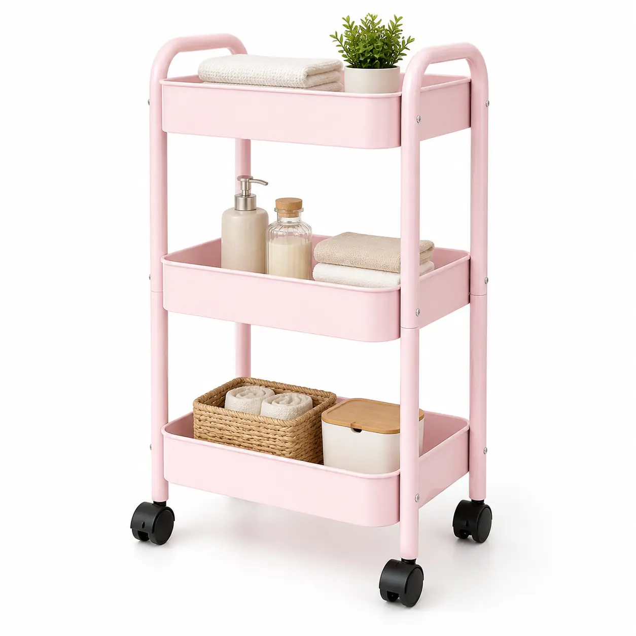 3-Tier Rolling Utility Cart with Lockable Wheels, Metal Storage Organizer, Space Saving Mobile Shelf for Kitchen, Bathroom, Bedroom, Bedside Storage and Snack Station