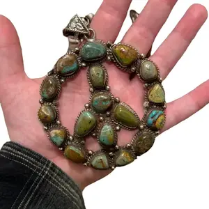 Large Turquoise Chunky Peace Sign Tibetan Silver Navajo Pearl Chain for Women