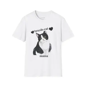 Women's cat lover and pet parent apparel Graphic T-Shirt - Short Sleeve Crew Neck Regular Fit Casual Wear |   Soft & Breathable Fabric, Durable Print, Everyday Comfort, Machine Washable, cute and playful illustration a tuxedo cat with heart symbols and
