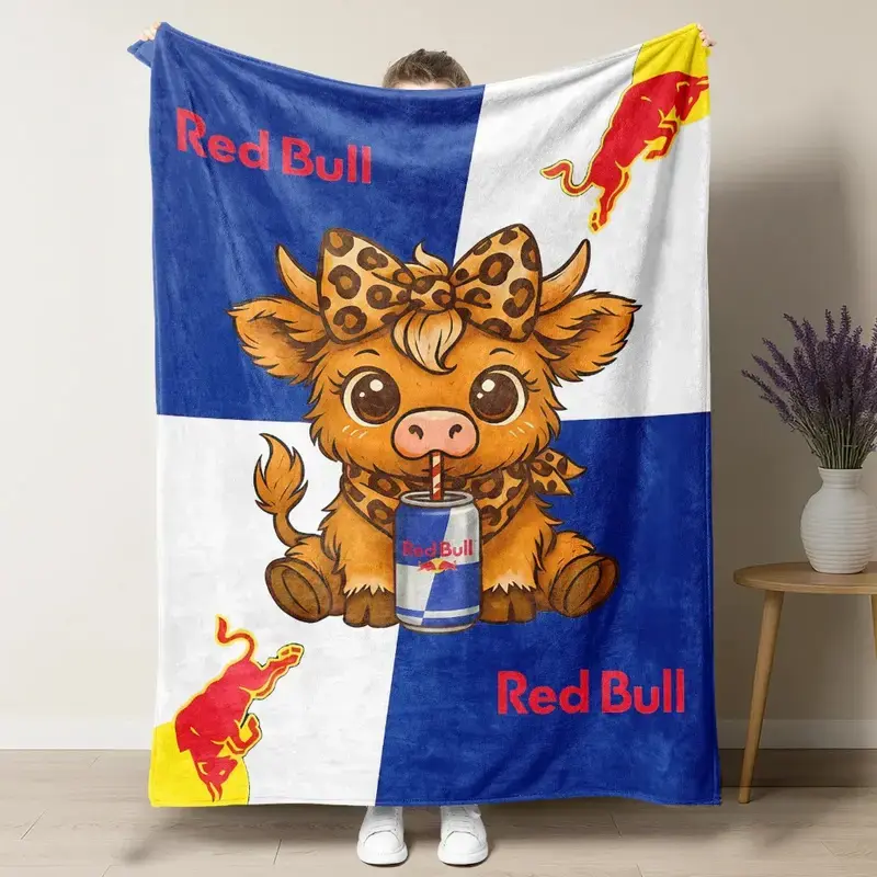 Cozy Red Bull Highland Cow Plush Fleece Throw Blanket Cute Cartoon Cow Drinking Red Bull Graphic Blanket Baby Adult Sizes Soft Warm Cover Red Bull Viewing Parties Cow Lover Holiday Gift Cozy Home Living Air Conditioning Summer Dorm Couch Decor
