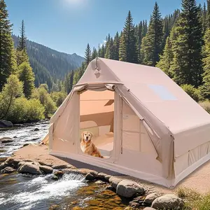 4-6 Person Inflatable Tent with Stove Jack, 4 Season Glamping Air Tent, Waterproof Insulated Cotton Canvas Tent for Winter Camping, Family Outdoor Travel